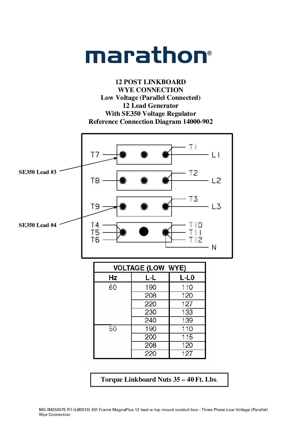 431 Frame MagnaPlus 12 lead w top mount conduit box - Three Phase Low Voltage (Parallel) Wye Connection