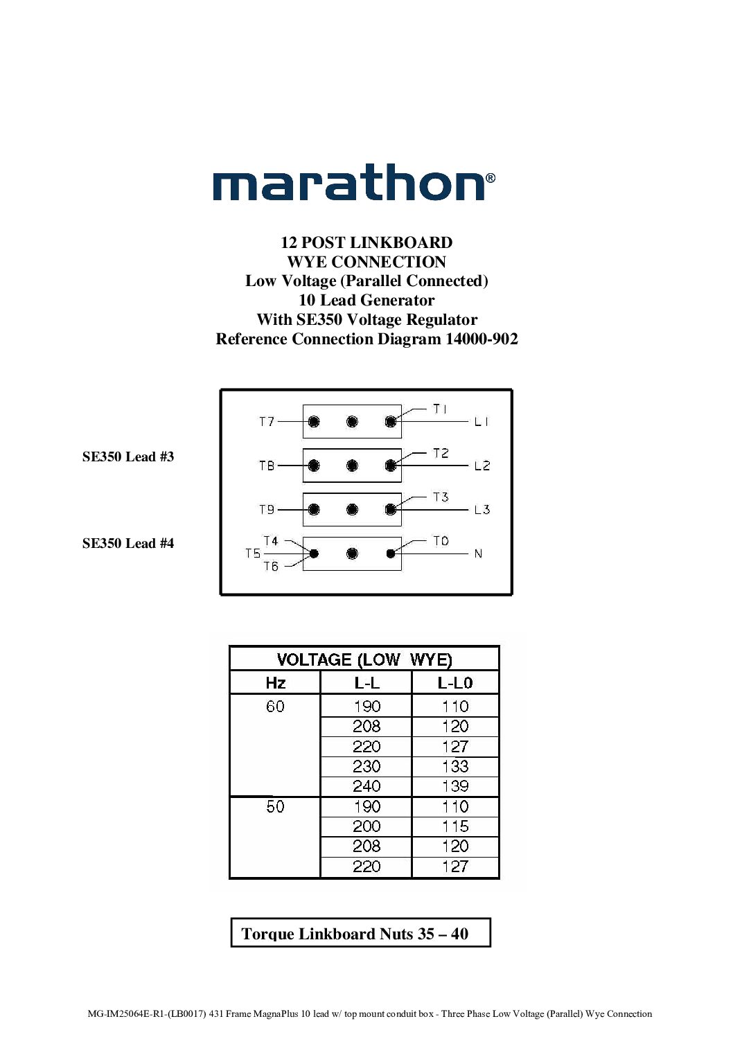 431 Frame MagnaPlus 10 lead w top mount conduit box - Three Phase Low Voltage (Parallel) Wye Connection