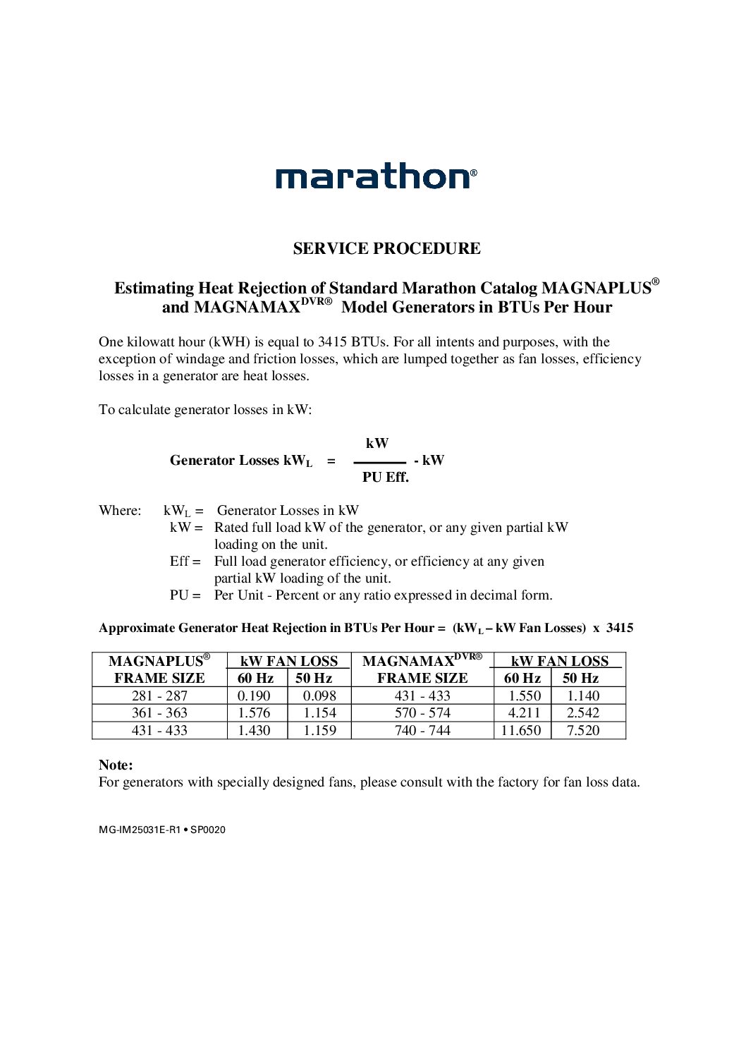 Estimating Heat Rejection of a Generator in BTUs