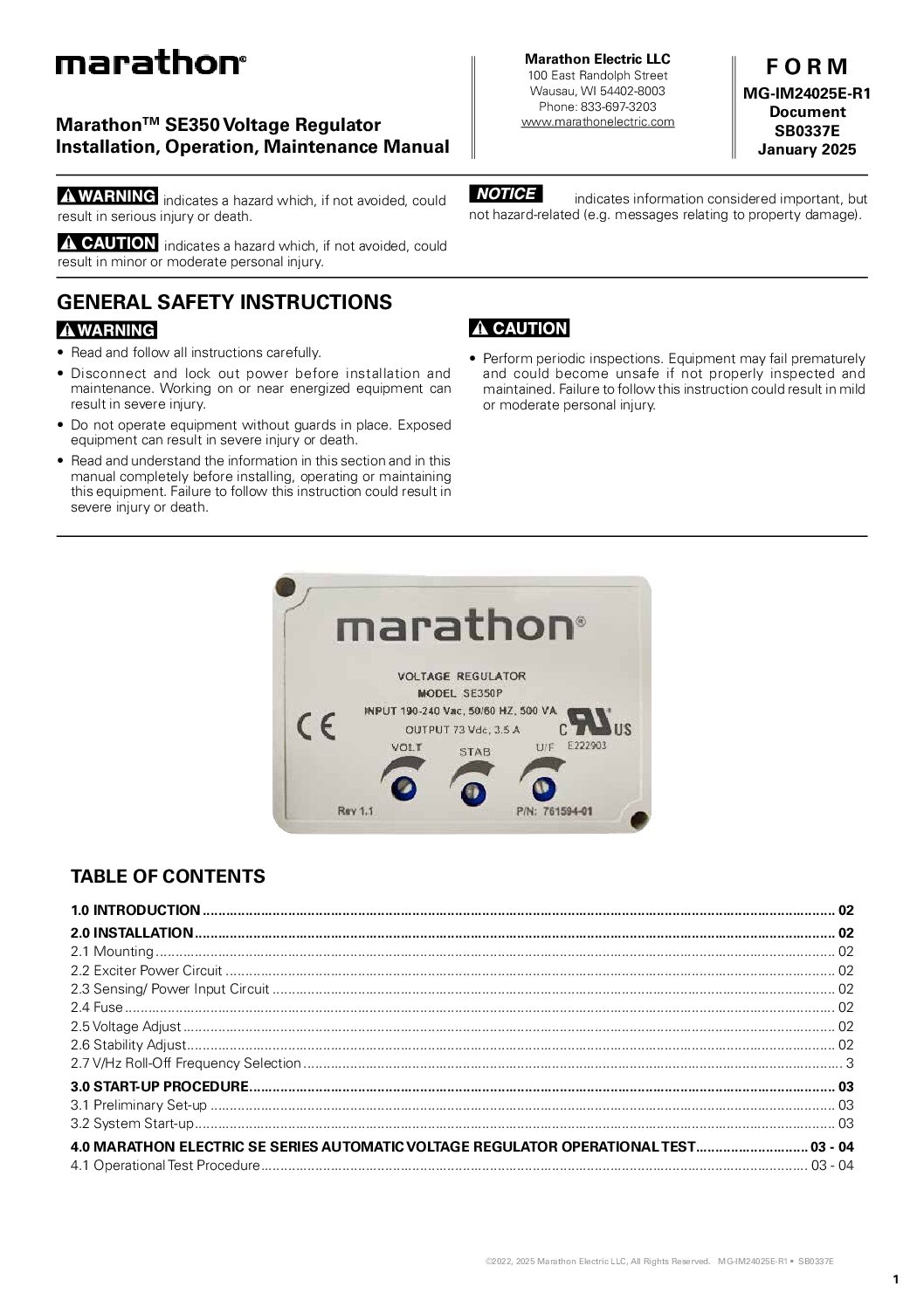 SE350 Voltage Regulator Installation, Operation, Maintenance Manual