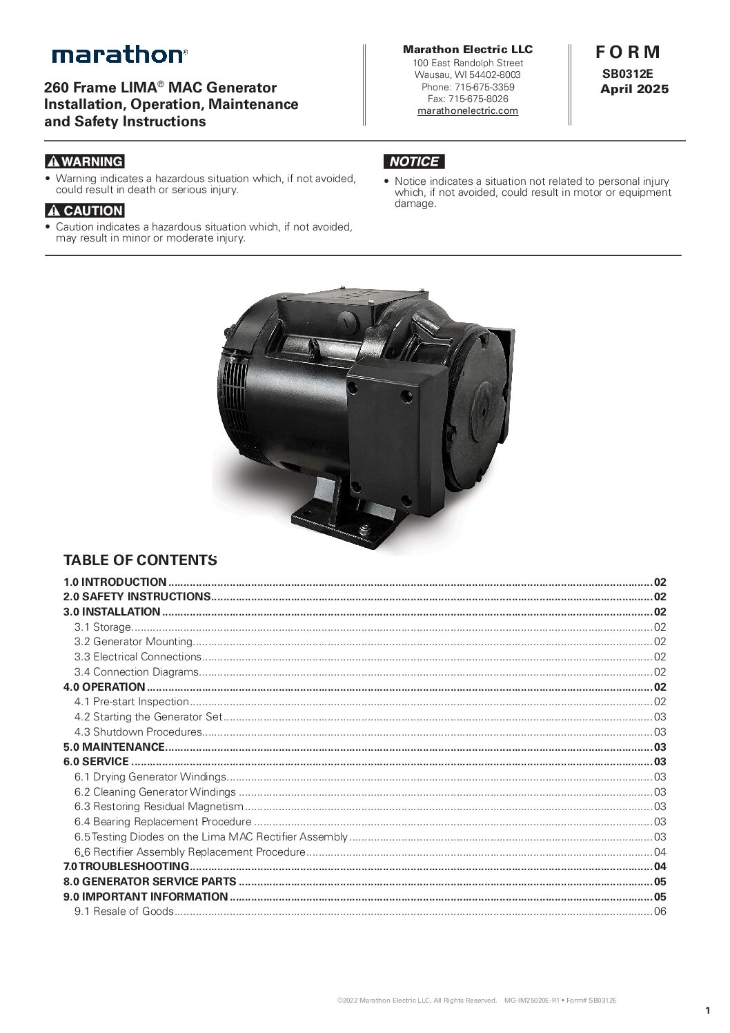 260 Frame LIMA MAC Generator Manual