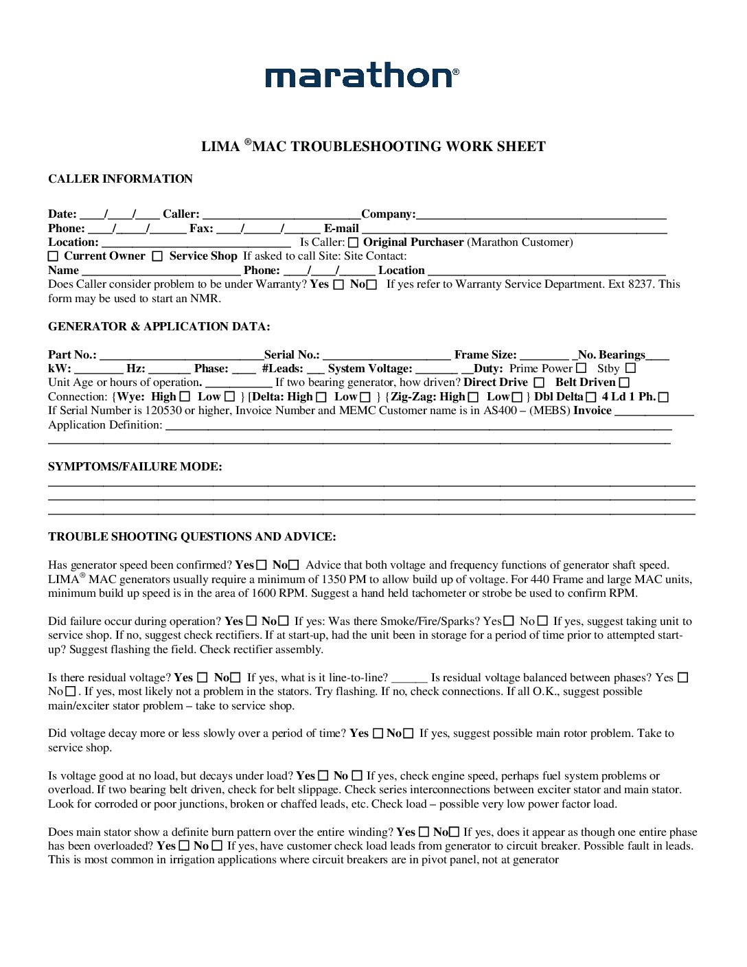 Lima MAC Troubleshooting Worksheet