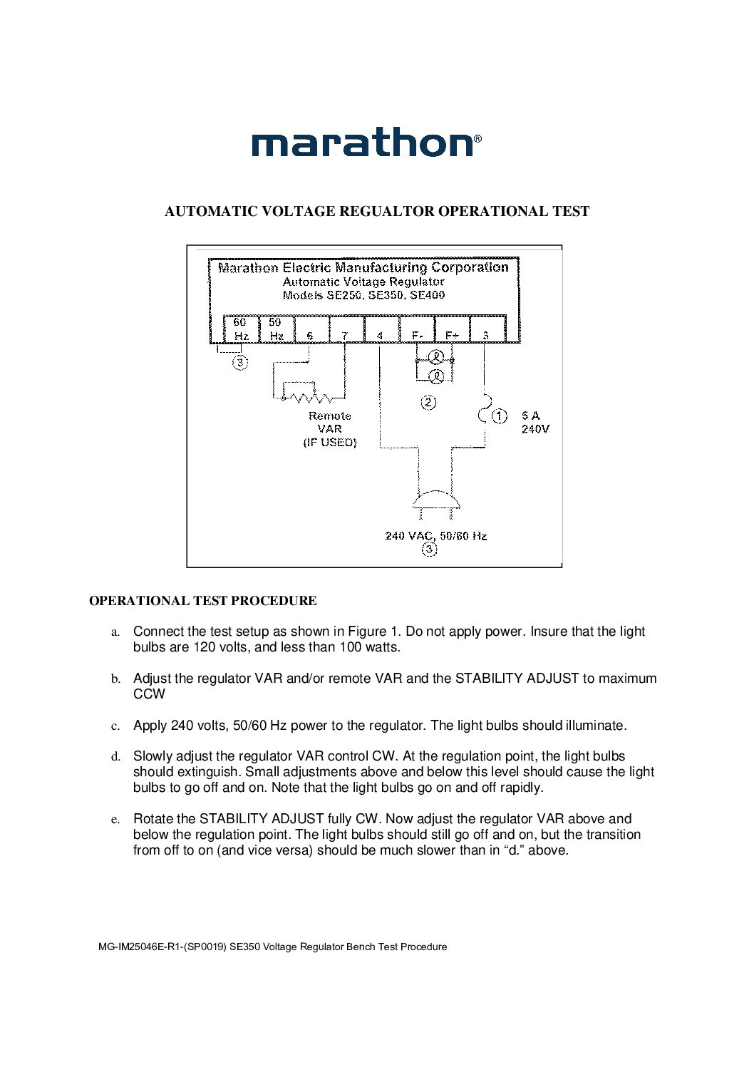 SE350 Voltage Regulator Bench Test Procedure