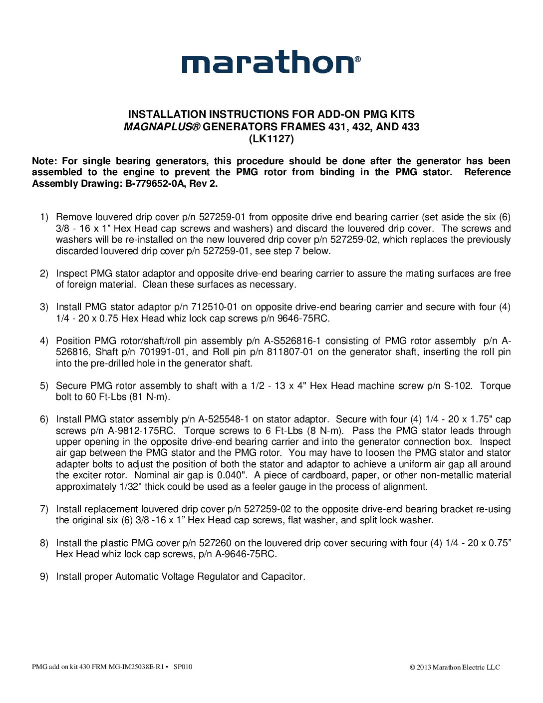 Installation instructions for add-on pmg kits magnaplus® generators frames 431,432,and 433