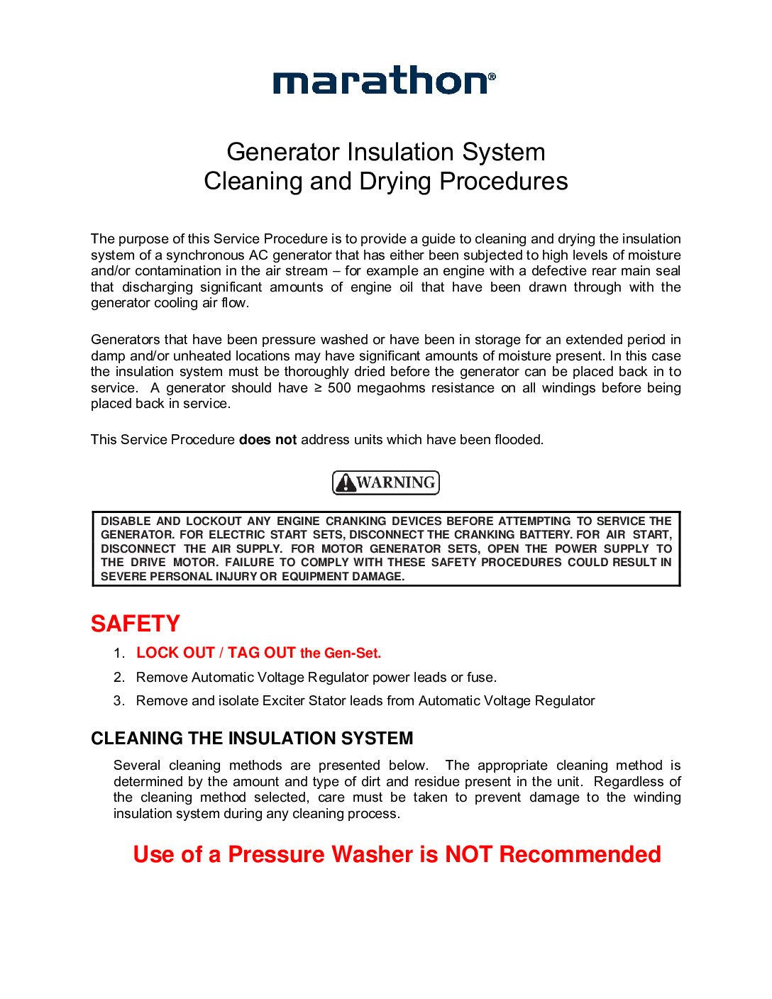 Generator Insulation System Cleaning and Drying Procedures