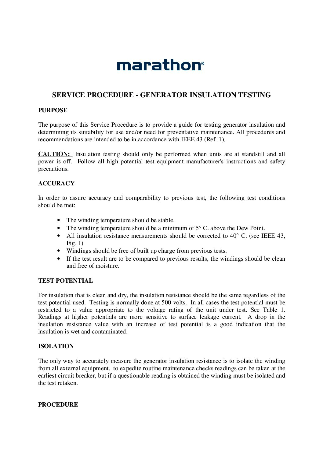 Service Procedure- Generator Insulation Testing